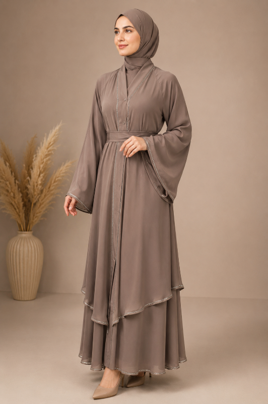 Elegant Tiered Abaya in Mocha – Indonesian Chiffon & Premium Nidha