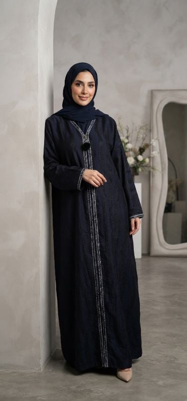 Elegant Navy Blue Open Abaya with Intricate Front Embellishment