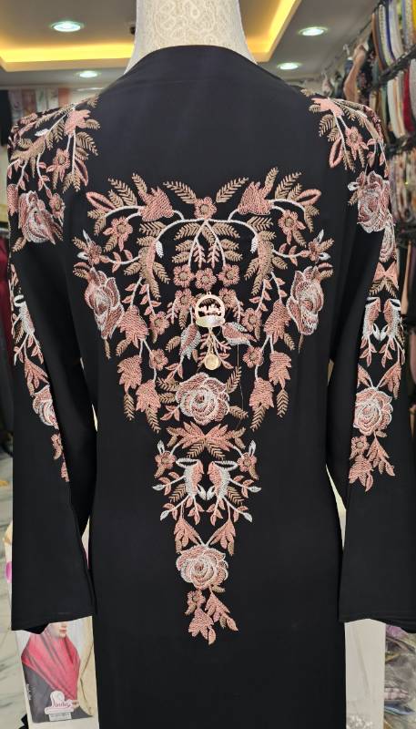 Elegant Embroidery Abaya Pink Floral Embroidery