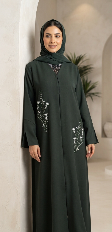 Hand Embroidered Green Abaya | Luxury Closed-Front Barbie Fabric Abaya