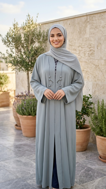 Pale Grey Front-Pleat Abaya with Decorative Buttons