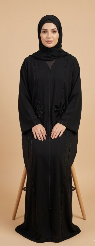 Luxury Midnight Black Abaya with Hand-Embellished Floral Beadwork | Premium Crepe Evening Abaya
