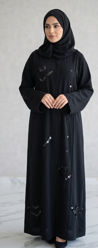 Midnight Elegance Sequined Korean Crepe Abaya – Black