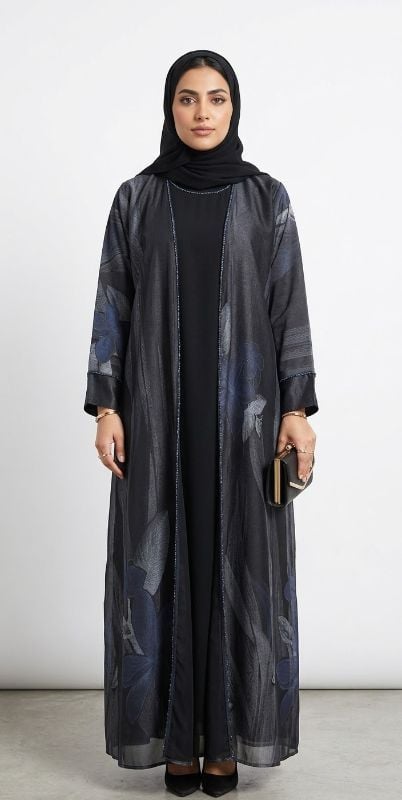 Elegant Floral Print Open Abaya - Premium Layered Design