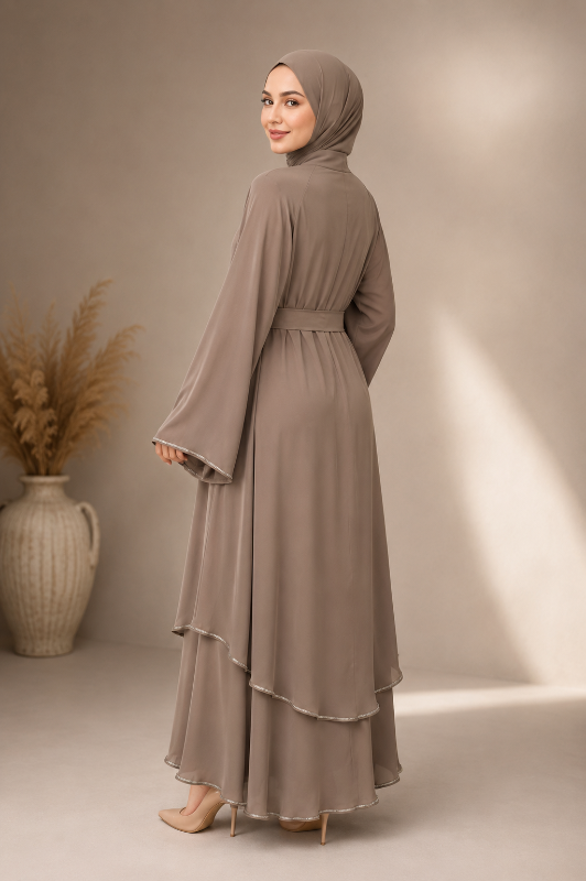 Elegant Tiered Abaya in Mocha – Indonesian Chiffon & Premium Nidha