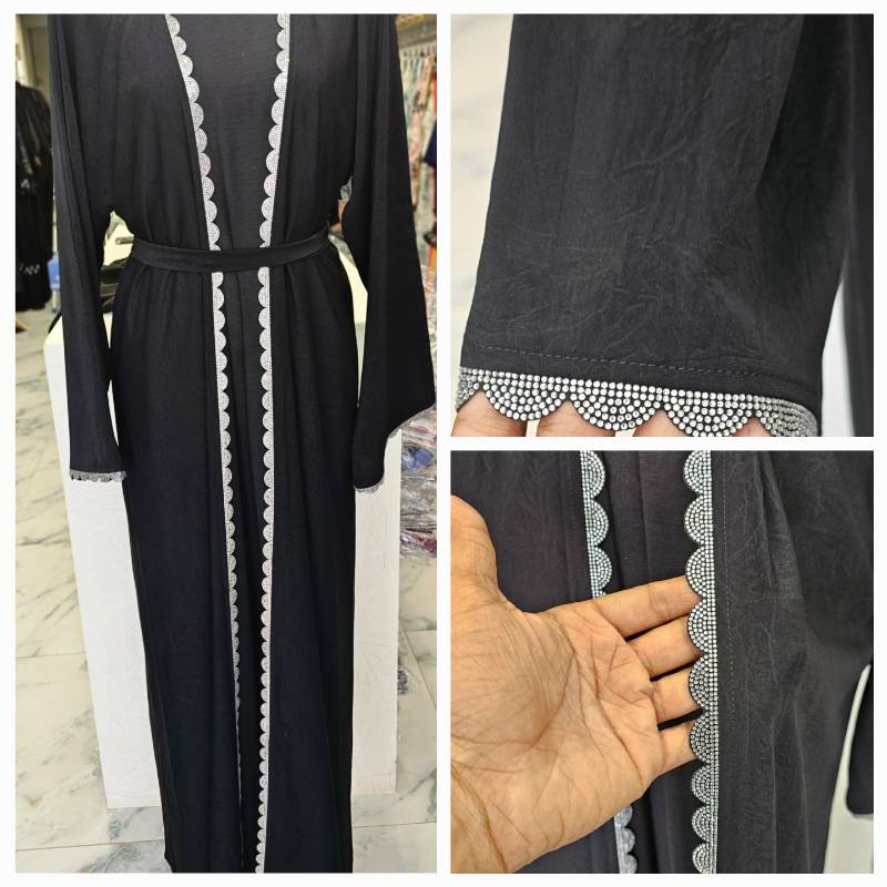 Glamorous Black Open Abaya with Silver Lace Details
