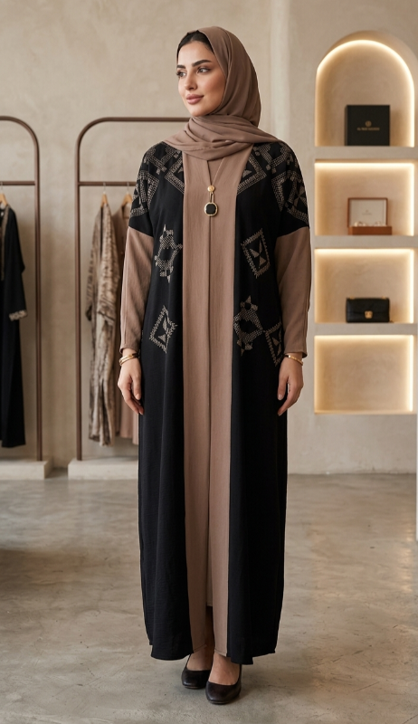 The Laila Two-Tone Abaya with Textured Geometric Panels