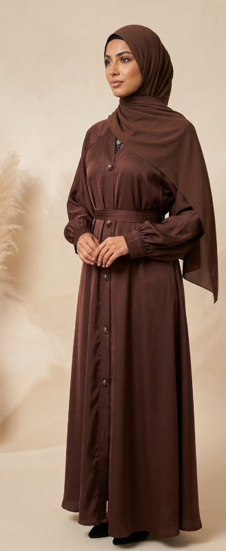 Premium Satin Button-Down Abaya Dress – Modest Espresso Brown Long Sleeve Maxi with Waist Belt