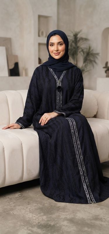 Elegant Navy Blue Open Abaya with Intricate Front Embellishment