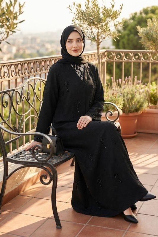 Elegant Black Abaya with Stone Embellishments & Printed Korean Fabric | Modest Fashion