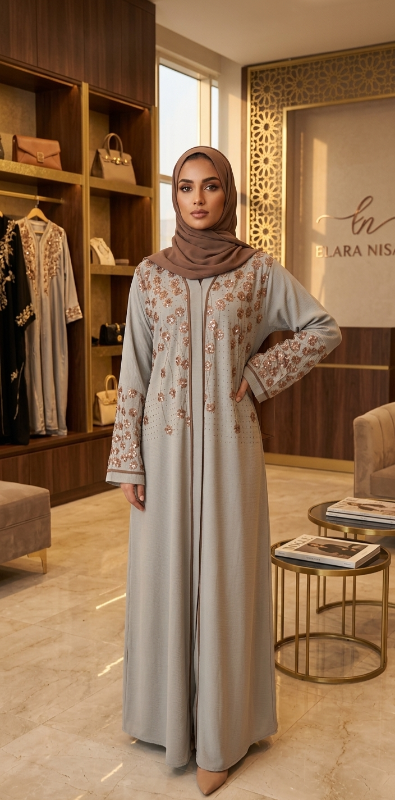 Beige Floral Embroidered Abaya | Luxury Open Front Abaya in Oman