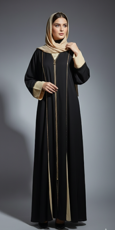 Royal Contrast: Luxury Vertical Gold-Piped Open Abaya in Black & Beige
