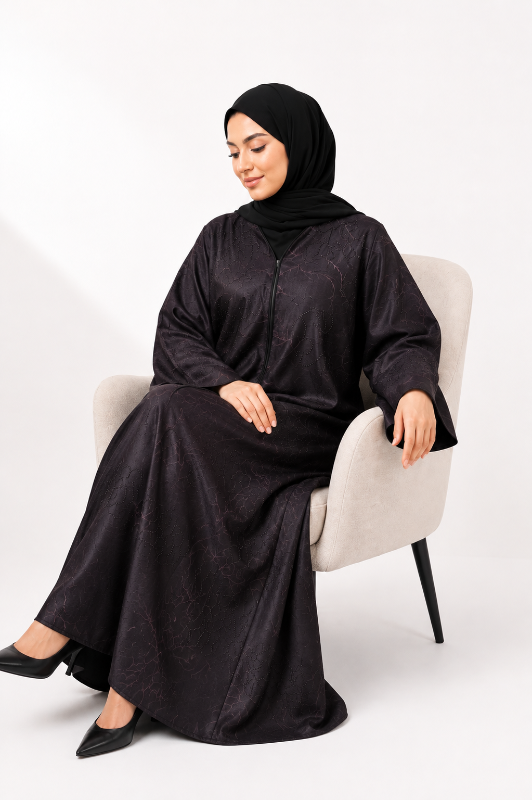 Luxury Jacquard Nidha Designer Abaya with Subtle Stone Embellishments | Premium Closed-Front Arabic Fashion