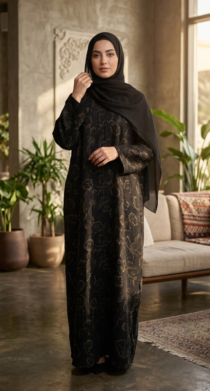 Black Floral Embossed Abaya with Glitter Accents – Luxury Evening Modest Wear