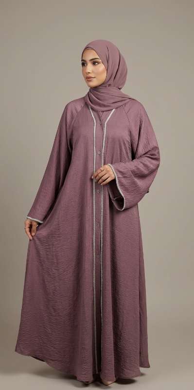 Harir Maqsood Abaya in Dusty Mauve – Silk-Touch Textured Open Abaya with Silver EmbroideryRose Couture Abaya Glam