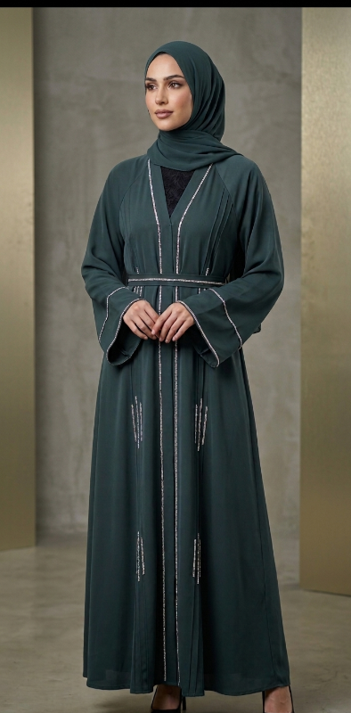 Elegant Emerald Green Embellished Abaya – Modern Modest Evening Wear