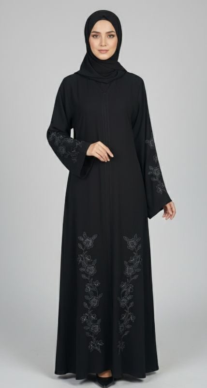 ​Layla Vines Abaya | Premium Black Nidha with Silver Floral Embroidery
