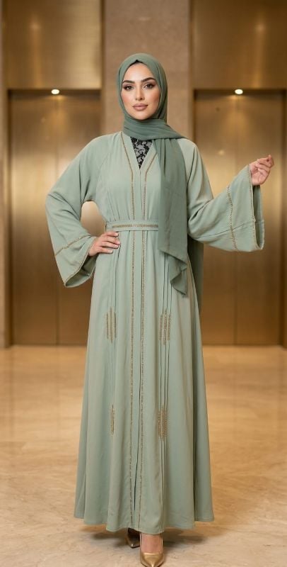 Sage Green Embroidered Abaya Set – Elegant Modest Open Abaya with Matching Hijab & Belt