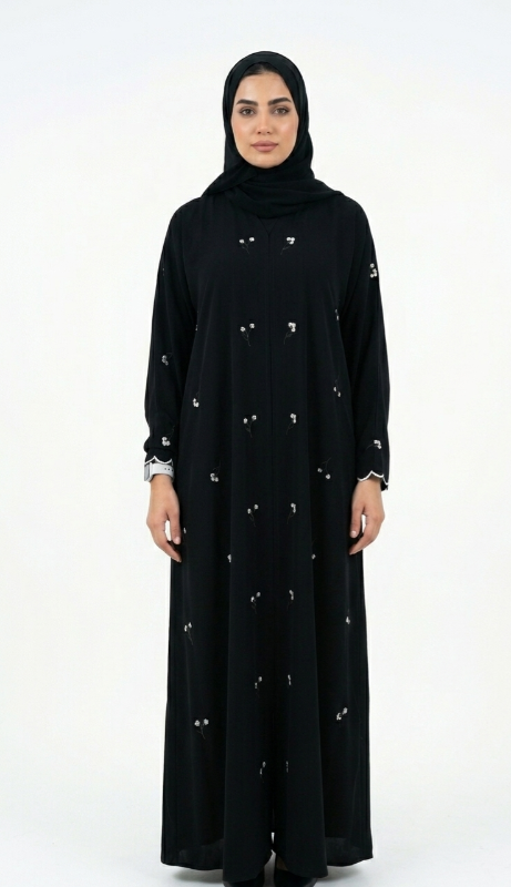 Embroidered Black Korean Crepe Abaya – Elegant Scalloped Sleeve Design