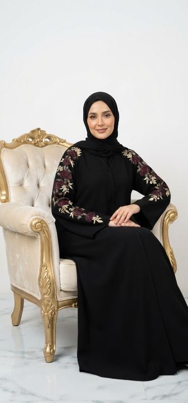Luxury Maroon & Gold Floral Embroidered Zoom Fabric Black Abaya | Timeless Design