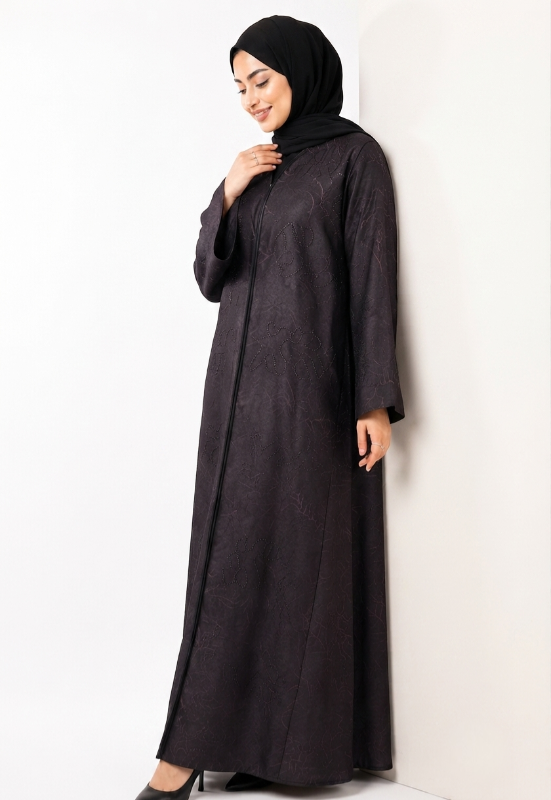 Luxury Jacquard Nidha Designer Abaya with Subtle Stone Embellishments | Premium Closed-Front Arabic Fashion