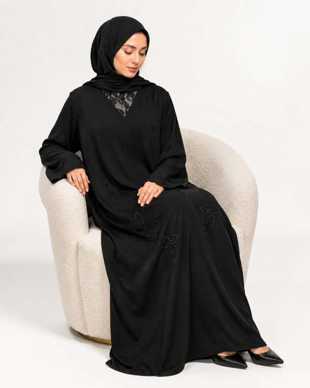 Exquisite Korean Crepe Black Abaya with Delicate Stone Embellishments | Premium Designer Islamic Wear