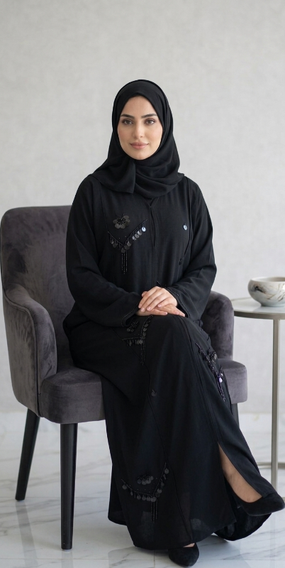 Midnight Elegance Sequined Korean Crepe Abaya – Black