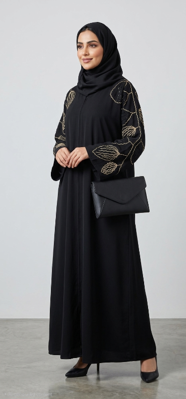 Elegant Gold Embroidered Korean Nidha Abaya - Premium Black Open Front Abaya