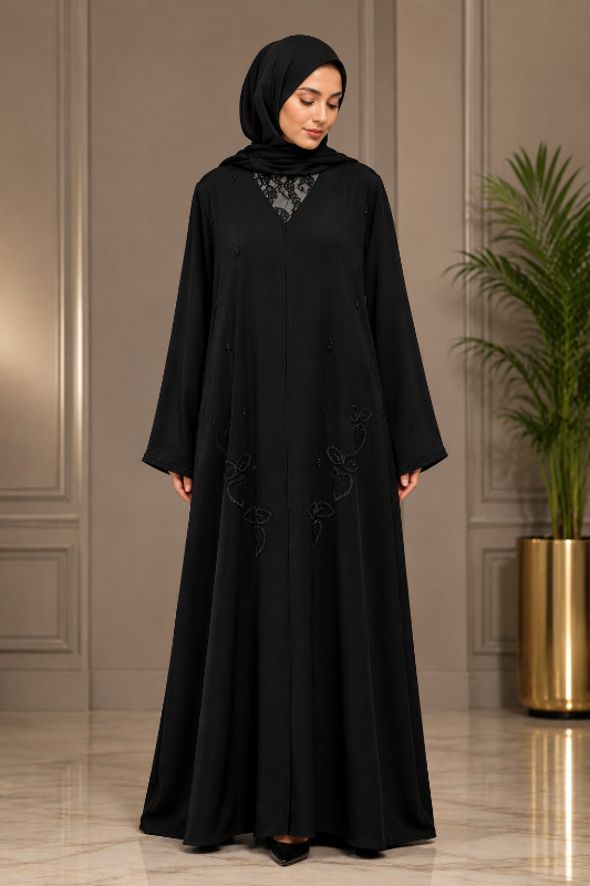 Exquisite Korean Crepe Black Abaya with Delicate Stone Embellishments | Premium Designer Islamic Wear