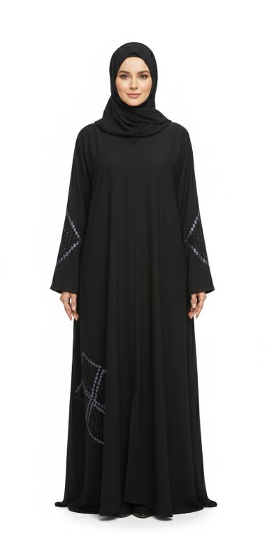 Noir Twilight Deco Abaya with Geometric Detailing