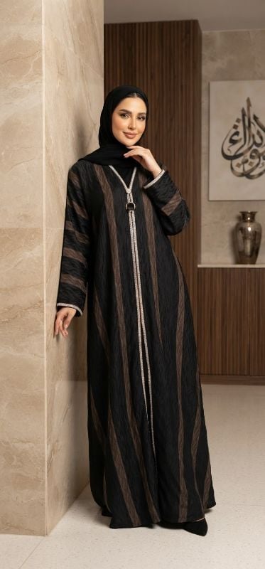 Premium Two-Piece Jacquard Abaya with Elegant Stone Embellishment | Buy Abaya Online in Oman