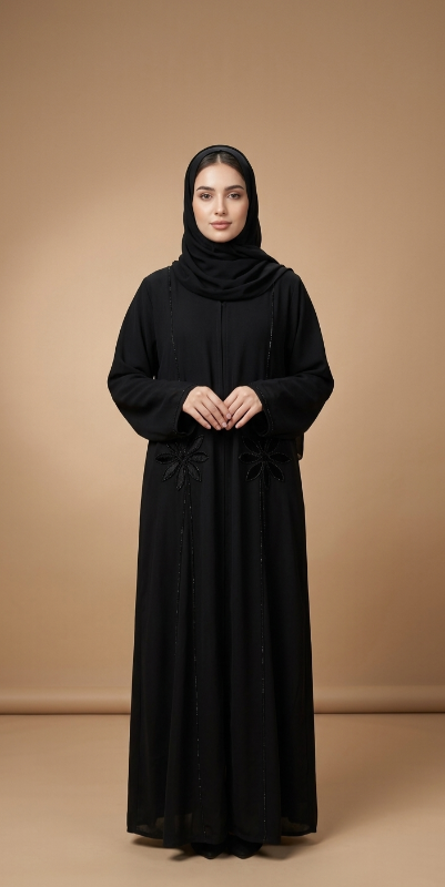 Luxury Midnight Black Abaya with Hand-Embellished Floral Beadwork | Premium Crepe Evening Abaya