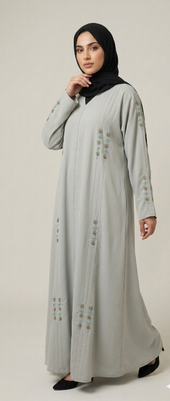 Elegant Light Pista Embroidered Abaya with Floral Beadwork Detail