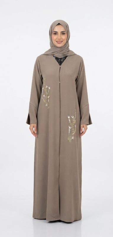 Exquisite Hand-Embroidered Taupe Abaya with Matching Scarf – Buy Abaya Online
