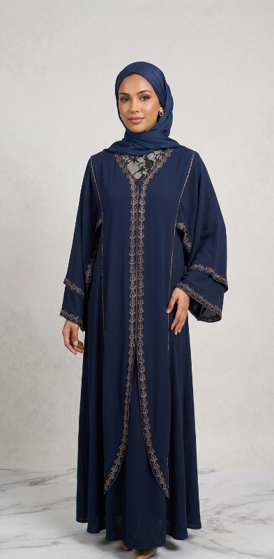 Royal Navy Blue Butterfly Abaya with Intricate Gold Embroidery