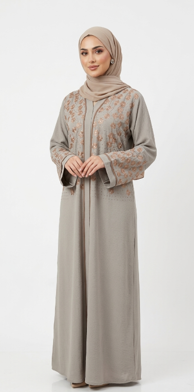 Beige Floral Embroidered Abaya | Luxury Open Front Abaya in Oman