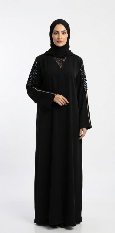 Exquisite Feather-Beaded Saudi Fabric Black Abaya with V-Neck & Lace Insert