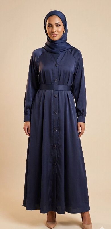 Navy Blue Button-Down Abaya - Elegant Modest Maxi Dress with Belt