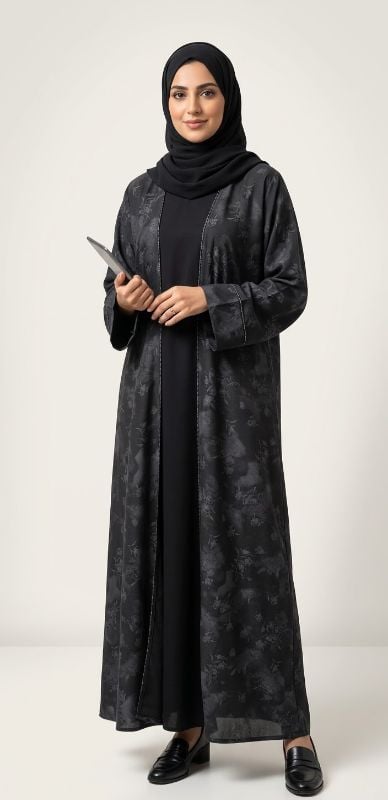 Elegant Black Floral Print Open Abaya with Subtle Stitch Detail