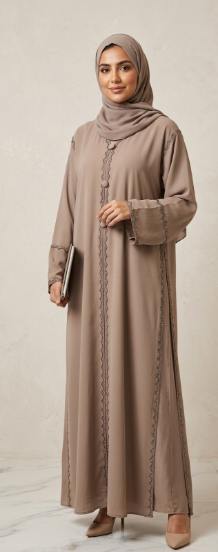 ​Noura Taupe Layered Abaya – Chiffon & Nidha Blend with Intricate Beaded Embroidery