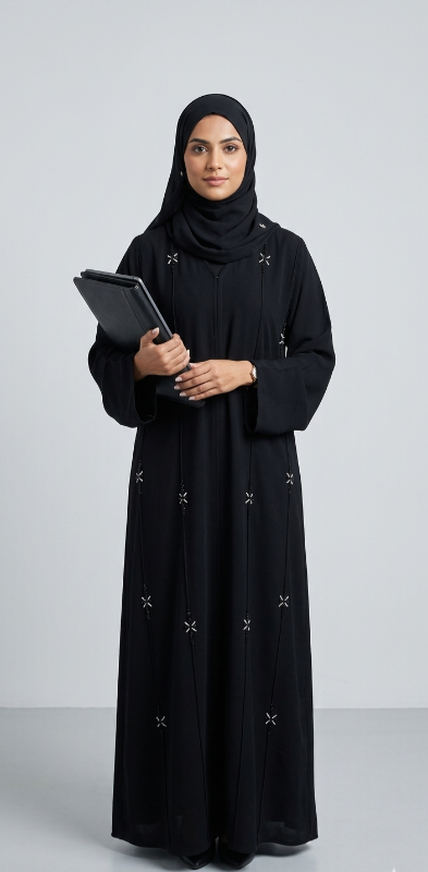 Elegant Midnight Bloom: Hand-Beaded Black V-Neck Abaya