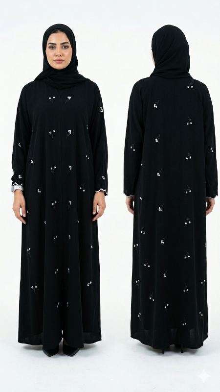 Embroidered Black Korean Crepe Abaya – Elegant Scalloped Sleeve Design