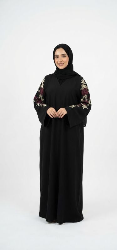 Luxury Maroon & Gold Floral Embroidered Zoom Fabric Black Abaya | Timeless Design