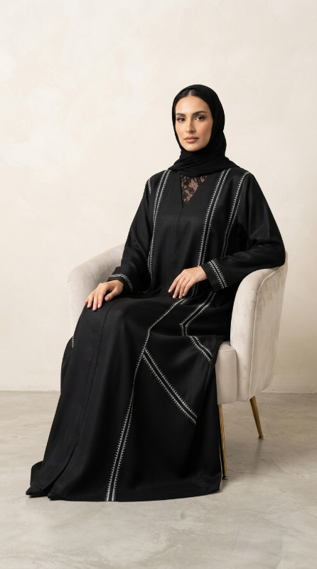 Black Nidha Abaya with White Embroidery – Elegant & Breathable Premium Design