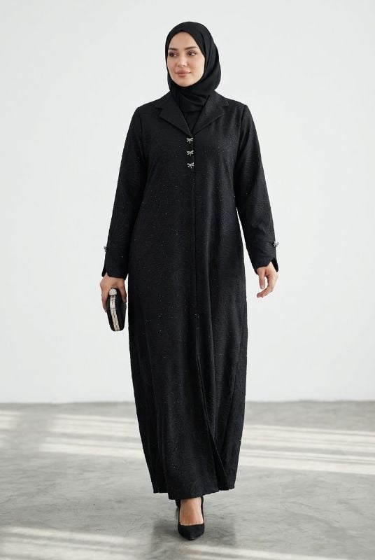 Korean Fakhir Silk Black Blazer Cut Abaya – Elegant Embroidered Collared Abaya with Dragonfly Embellishments