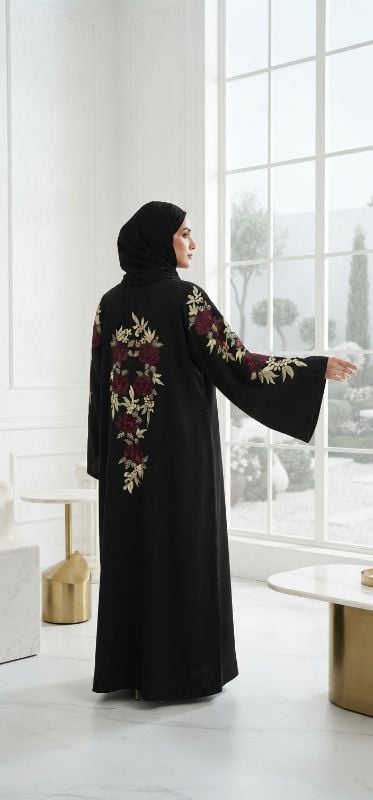 Luxury Maroon & Gold Floral Embroidered Zoom Fabric Black Abaya | Timeless Design