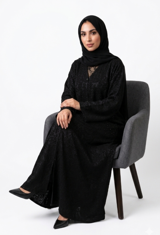 Onyx Bloom Jacquard Abaya – Premium Embossed Floral Texture with Subtle Crystal Embellishments