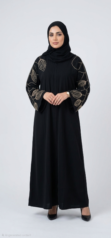 Elegant Gold Embroidered Korean Nidha Abaya - Premium Black Open Front Abaya