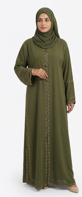 Premium Olive Green Dual-Layer Abaya – Elegant Chiffon Outer with Attached Nidha Lining & Gold Embroidery