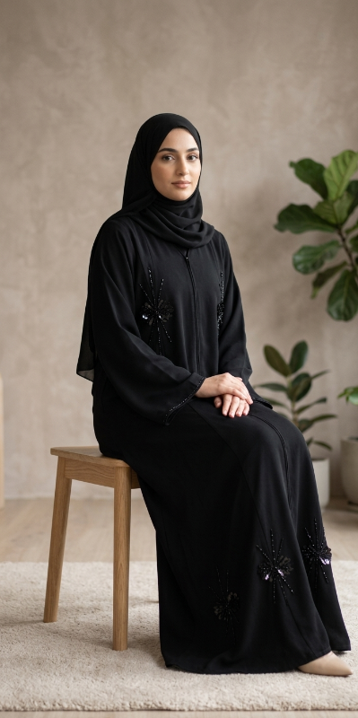 Midnight Petal Embroidered A-Line Abaya - Premium Korean Crepe